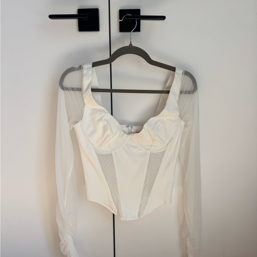 White Long Sleeve Mesh Corset Top